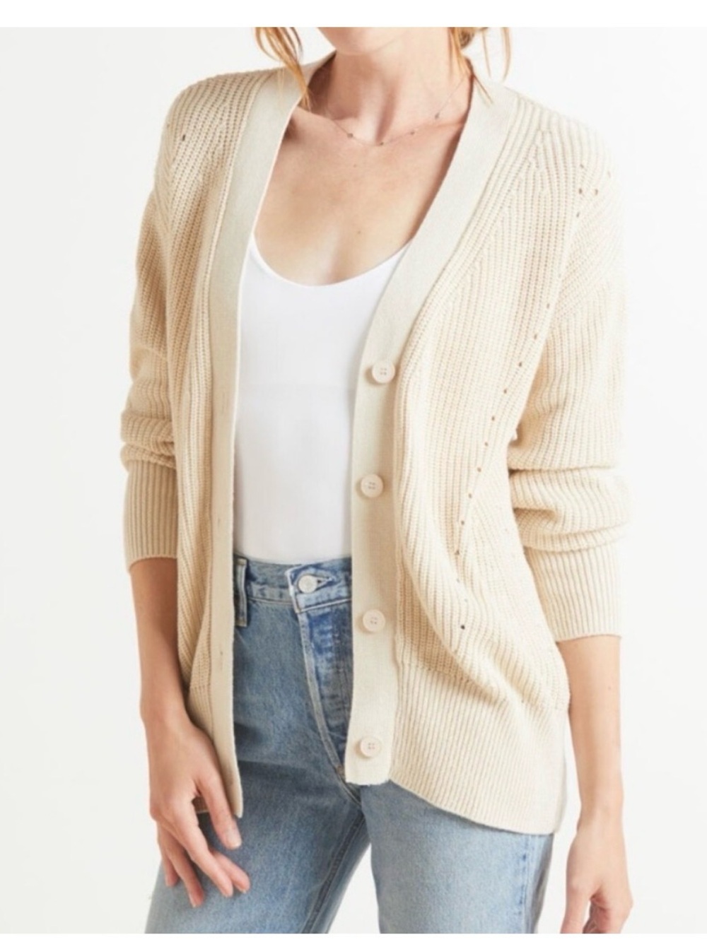 EVEREVE Cream Reagan Relaxed Pointelle Knit V-Neck Cardigan Sweater Size XS